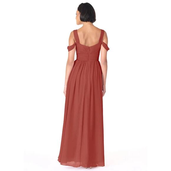 Azazie Lianne Terracotta size A10 A-Line Off the Shoulder Chiffon Dress - Picture 2 of 9
